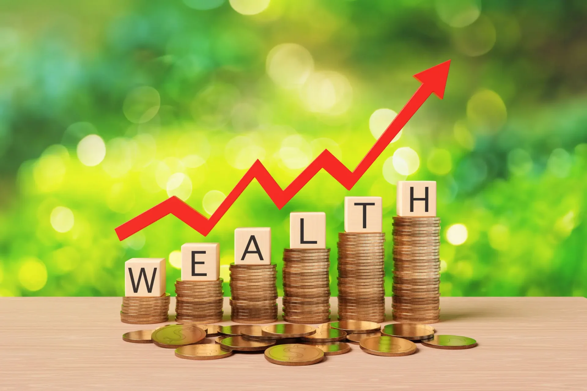 Stacked coins with upward arrow and wealth