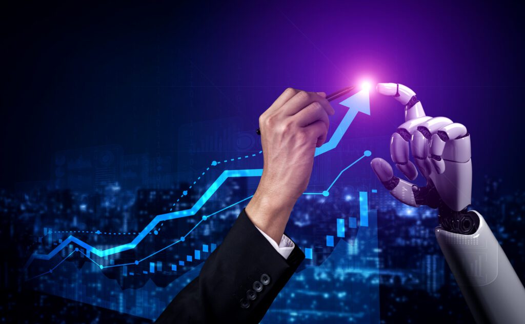Robot and human hand touching rising graph.