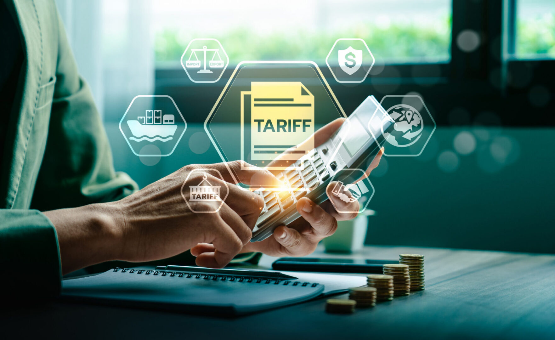Person using calculator with tariff icons overlay.