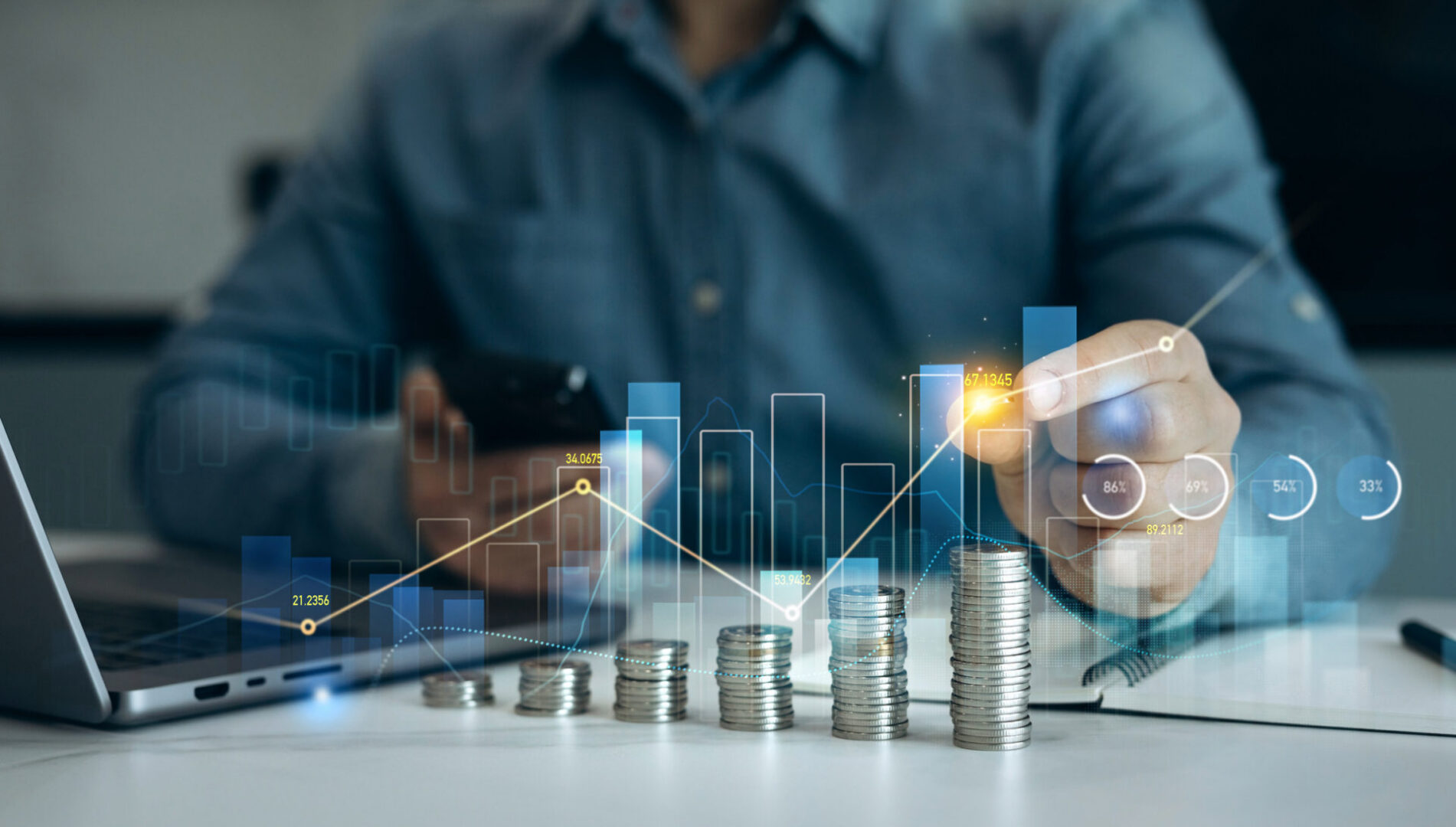 Coins and graphs representing financial growth.